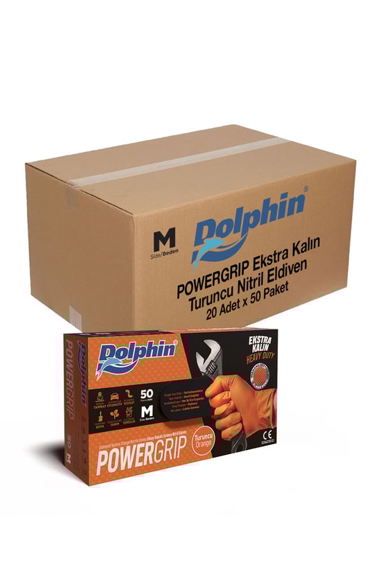 Dolphin Powergrip Ekstra Kalın Turuncu Nitril Eldiven M Beden 50 Adet