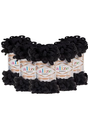 Alize ( 5 Adet ) Puffy 1060 El Örgü Ipliği 5'li Paket - 1060 Siyah - 100 Gr. 9 Mt. Parmak Örgü Ipi