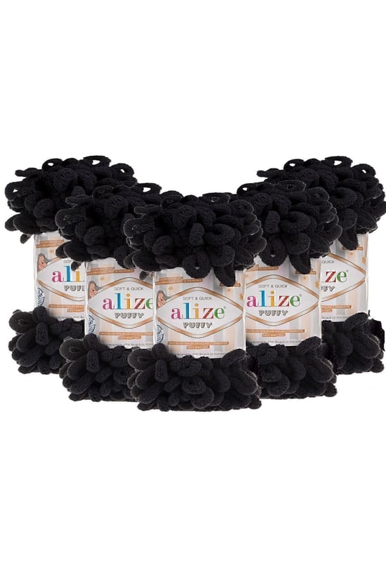 Alize ( 5 Adet ) Puffy 1060 El Örgü Ipliği 5'li Paket - 1060 Siyah - 100 Gr. 9 Mt. Parmak Örgü Ipi
