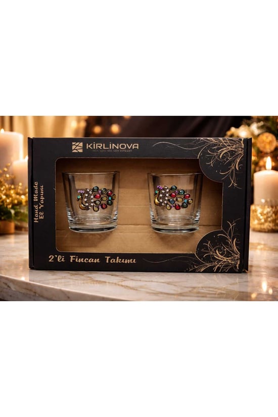 Kirlinova Tavus Kuşu Figürlü Cam Kahve Yanı & Meşrubat Bardağı – 190 Ml (2’li Set)
