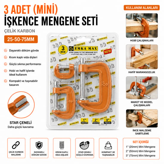 Emka-5492 ( 3pcs ) ( Mini ) İşkence Mengene Seti ( Çelik Karbon ) ( 25-50-75mm )