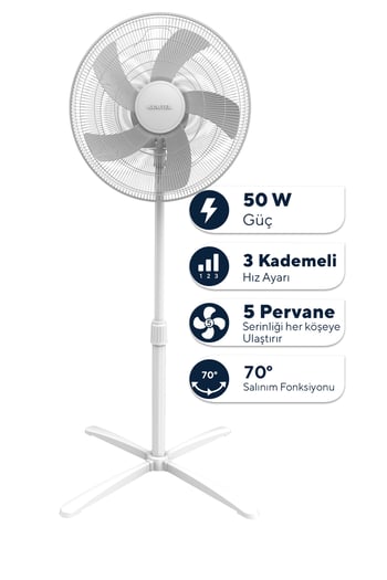 Kumtel Beyaz 16 İnç Ayaklı Vantilatör 50 W, 5 Pervaneli, 3 Kademeli, 121 Cm Yükseklik