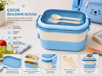 Çocuk Beslenme Kutusu Kaşık Çatal Setli Mavi