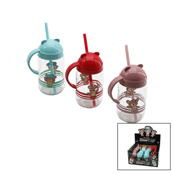 Qlux C-00374 Teddy Bear ( Kulplu ) ( Pipetli ) ( Cam ) Bardak ( Ayıcık Resimli & Figürlü ) (renkli Plastik Kapak) ( 370cc )