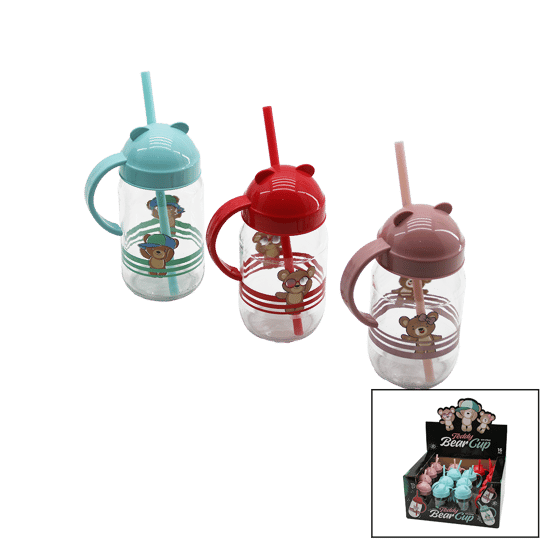 Qlux C-00374 Teddy Bear ( Kulplu ) ( Pipetli ) ( Cam ) Bardak ( Ayıcık Resimli & Figürlü ) (renkli Plastik Kapak) ( 370cc )