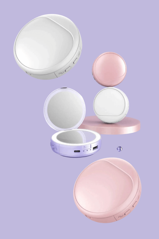 Işıklı Makyaj Aynası – Powerbank, El Isıtıcı, 3x Büyüteç & Kompakt Tasarım Mor