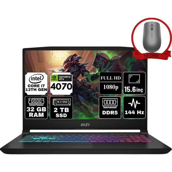 MSI Msı Katana 15 Intel Core I7 13620H 32GB 2tb SSD RTX4070 Freedos 15.6" Fhd 144Hz Taşınabilir Bilg