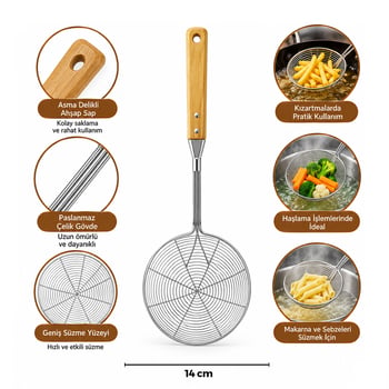 İ22-289 ( 13-14cm ) ( Bambu Ahşap Saplı ) ( Çelik Metal ) ( Derin ) Kevgir ( Sap: 26cm )