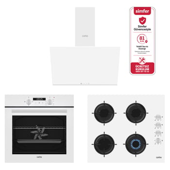 Carino 4 Fonksiyon Dijital Beyaz Power Turbo 3'lü Cam Ocaklı Ankastre Set (fırın+ocak+davlumbaz)
