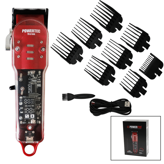 Powertec Tr-3100 Saç & Sakal Kesme Traş Makinesi ( Şeffaf Ana Kartlı Gövde & Usb Şarjlı Göstergeli & Tarak Ayar Mandallı )