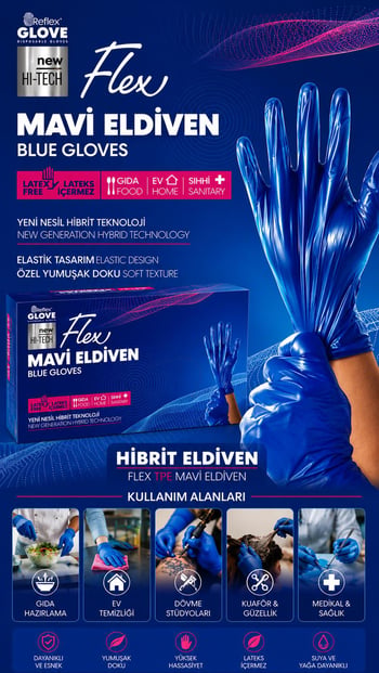 Flex Tpe Hibrit Pudrasız Mavi Eldiven Çok Amaçlı Yeni Nesil Teknoloji 100'lü Paket (large / Büyük Boy)