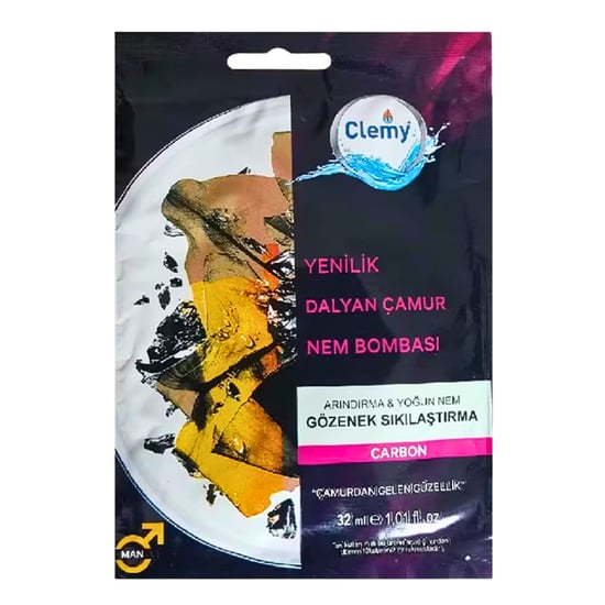 Clemy Dalyan Çamur Nem Bombası Gözenek Sıkılaştırma Arındırma ve Yoğun Nem Carbon Maskesi Tek Kullanımlık For Man 32 Ml