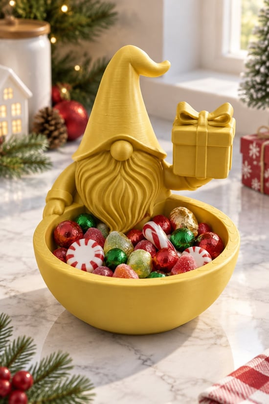 Tatil Şekerleme Temalı Noel Cücesi Figürlü Kase - Sunum Kabı Altın