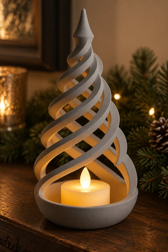 Minimalist Spiral Noel Ağacı Şeklinde Led Mum Tutucu Gri