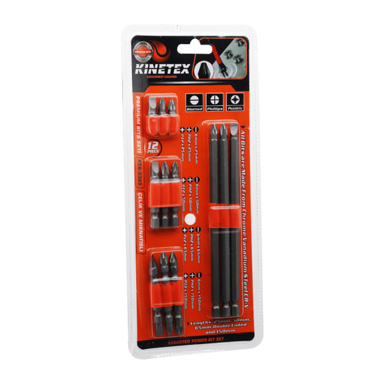 Kinetex Ktx-3385 (12in1) Premium Bits Matkap Vidalama Uç Set(12pcs=3 Çift Taraflı+9 Tek Taraflı Uç) (ph2=4 & Pz2=4 & Düz=4pcs)