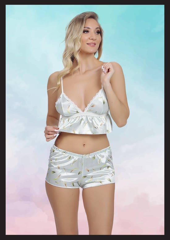 Kirlinova Fırfır Detaylı Desenli Saten Şort Takım S1329
