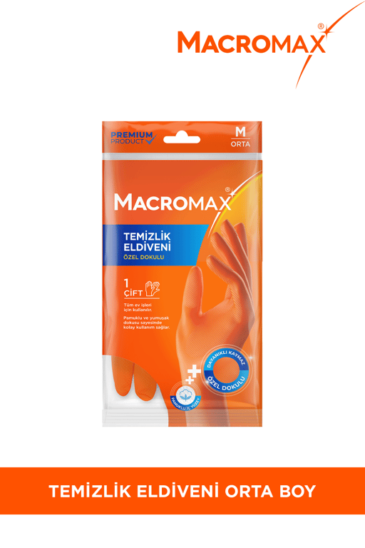 Macromax Orta Boy Medium Beden Temizlik Eldiveni Pamuklu İç Yüzeyli Kaydırmaz Desenli