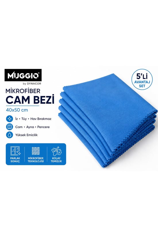 Muggio 40x50 Mikrofiber Cam Bezi, Cam Silme Bezi İz Tüy Hav Bırakmaz Ayna Parlatma Bezi 5 Adet