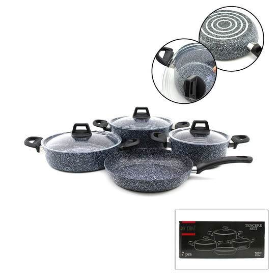 Gab Çırağan ( Gri ) ( 7 Parça ) Granit Tencere & Tava Seti ( 20-24cm Derin & 27cm Basık Cam Kapak Tencere & 26cm Tava)