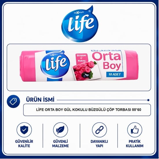 Life Gül Kokulu Orta Boy Büzgülü Çöp Torbası 10'lu