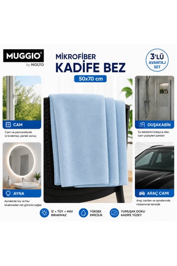 Molto 50x70 Mikrofiber Kadife Bez 3'lü Set | Oto Kurulama Bezi, Oto Yıkama Bezi, Yüksek Em