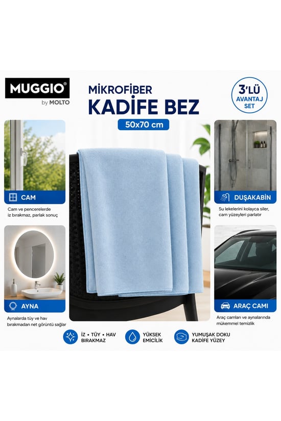 Molto 50x70 Mikrofiber Kadife Bez 3'lü Set | Oto Kurulama Bezi, Oto Yıkama Bezi, Yüksek Em