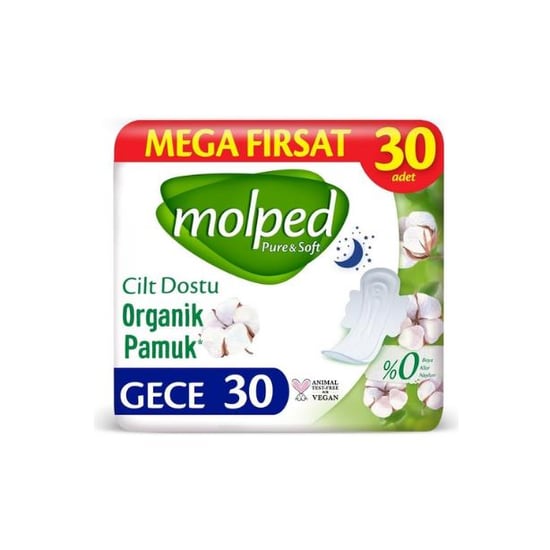 Molped Pure & Soft Organik Pamuklu Hijyenik Ped Mega Fırsat Paketi 30 lu Gece