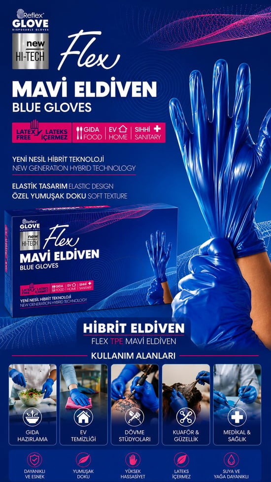 Flex Tpe Hibrit Pudrasız Mavi Eldiven Çok Amaçlı Yeni Nesil Teknoloji 100'lü Paket (medium / Orta Boy)