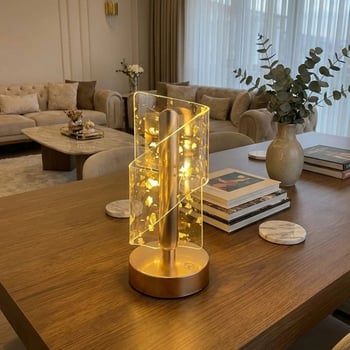 Buffer® Çapraz Kavisli Kristal Altın Toz Model Led Masa Lambası – Gold Gövdeli, Dokunmatik, 3 Kademe