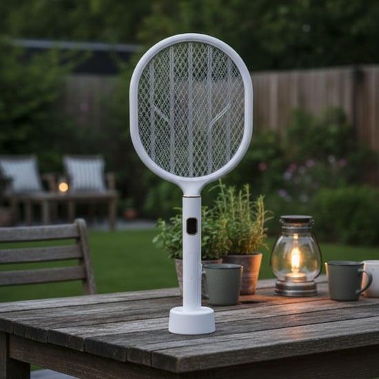 BUFFER® USB Şarjlı Beyaz Renk Kendiliğinden Standlı Şarj Göstergeli UV Işıklı Sinek Öldürme Raketi L