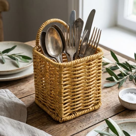 BUFFER® Kare Hasır Dokulu Plastik Rattan Kaşıklık & Çatallık – Askılı Kendiliğinden Tutmalı Çok Amaç