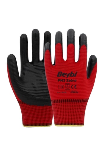 Beybi Pn3 Zebra Kırmızı Polyester Örme Nitril İş Eldiveni 10 Beden