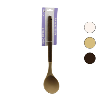 İ22-016 ( Küçük=60ml ) ( Renkli Silikon ) ( Ahşap Akasya Saplı ) ( Servis ) ( Kepçe ) ( 30.5cm )