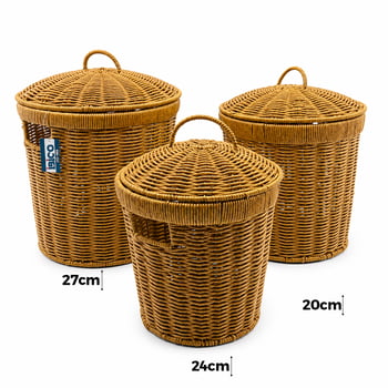İ22-204 ( 3 Boy ) ( Yuvarlak ) ( Metal İskelet ) Pls.hasır Organizer Sepet (kapaklı) (15x20x26 & 17.5x23x31 & 21.5x26.5x34cm)