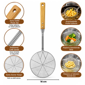 İ22-290 ( 15-16cm ) ( Bambu Ahşap Saplı ) ( Çelik Metal ) ( Derin ) Kevgir ( Sap: 26cm )