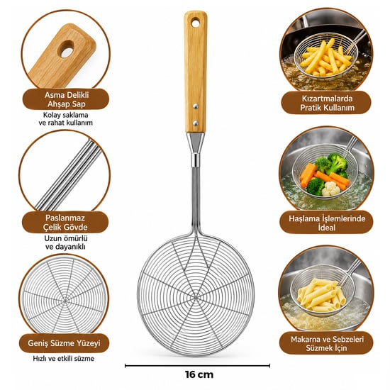 İ22-290 ( 15-16cm ) ( Bambu Ahşap Saplı ) ( Çelik Metal ) ( Derin ) Kevgir ( Sap: 26cm )