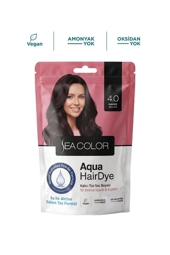Sea Color Aqua Hair Dye Vegan & Amonyaksız Su ile Aktive Edilen Kalıcı Saç Boyası Toz 4.0 Kahve