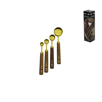 İ22-317 ( 4pcs ) ( Gold Metal ) Ölçü Kaşık Seti ( Otantik Ağaç Kulp ) (15ml & 5ml & 2.5ml & 1.25ml )