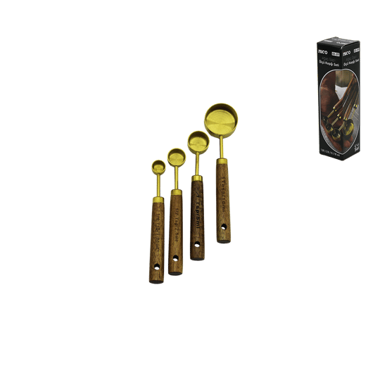 İ22-317 ( 4pcs ) ( Gold Metal ) Ölçü Kaşık Seti ( Otantik Ağaç Kulp ) (15ml & 5ml & 2.5ml & 1.25ml )