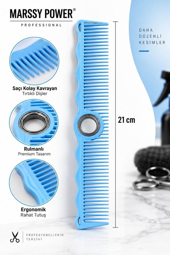 Marssy Power Rulmanlı Dönen Berber Kesim Tarağı 21 Cm Açık Mavi