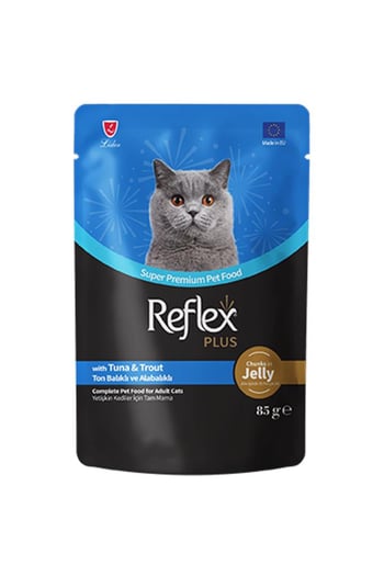 Reflex Plus Jöle İçinde Parça Ton Balıklı ve Alabalıklı Yetişkin Kedi Yaş Maması 85gr