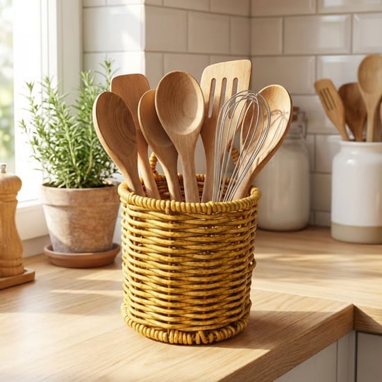 BUFFER® Yuvarlak Hasır Dokulu Plastik Rattan Kaşıklık & Çatallık – Askılı Kendiliğinden Tutmalı Çok 