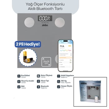 Sinbo Sbs-4473 ( Gri ) (yağ Ölçer) Akıllı (bluetooth) Cam Baskül (pilli) (180kg/50gr) (26x26cm) (8-kişi Hafıza) (lcd Ekran) (℃ Gösterge)