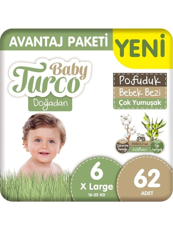 Baby Turco Doğadan Pofuduk 6 Numara Xlarge 62'li Bebek Bezi
