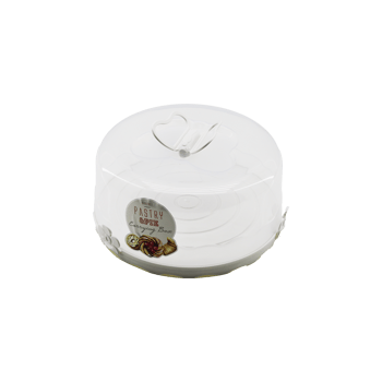 Qlux L-00501-3 (beyaz & Ekru Taban) (yuvarlak) Kek & Pasta Fanusu (şeffaf Plastik Kapak=kelebek Şekil Baskı & Kulplu)