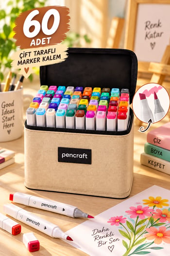 Fabess Pencraft 60’lı Beyaz Marker Kalem Seti Bej Çantalı Çift Uçlu Boyama ve Çizim Kalemi