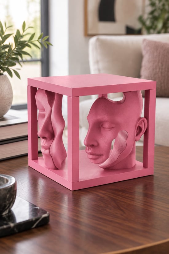 Soyut Çift Yüzlü Büst Figürlü Dekoratif Biblo - 16cm Büyük Boy Pembe