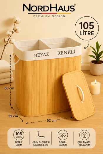 Bambu 2 Bölmeli Çamaşır Sepeti Kapaklı – Beyaz & Renkli Ayrımlı Kirli Sepeti - 52x32x63 Cm / 105 L