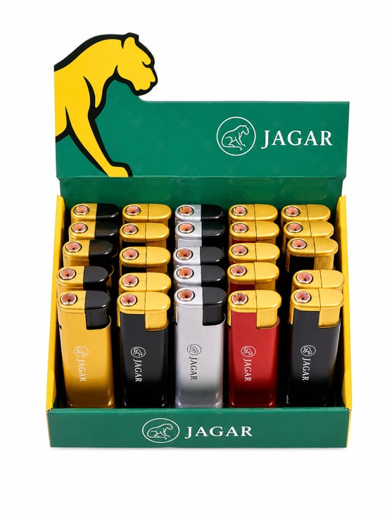 Jagar Jcm 015 Turbo Çakmak – Metalik Gold Detaylı Renkli Standlı Çakmak