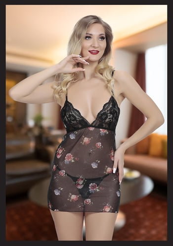 Kirlinova Dantelli ve Çiçek Desenli Transparan Gecelik S1342